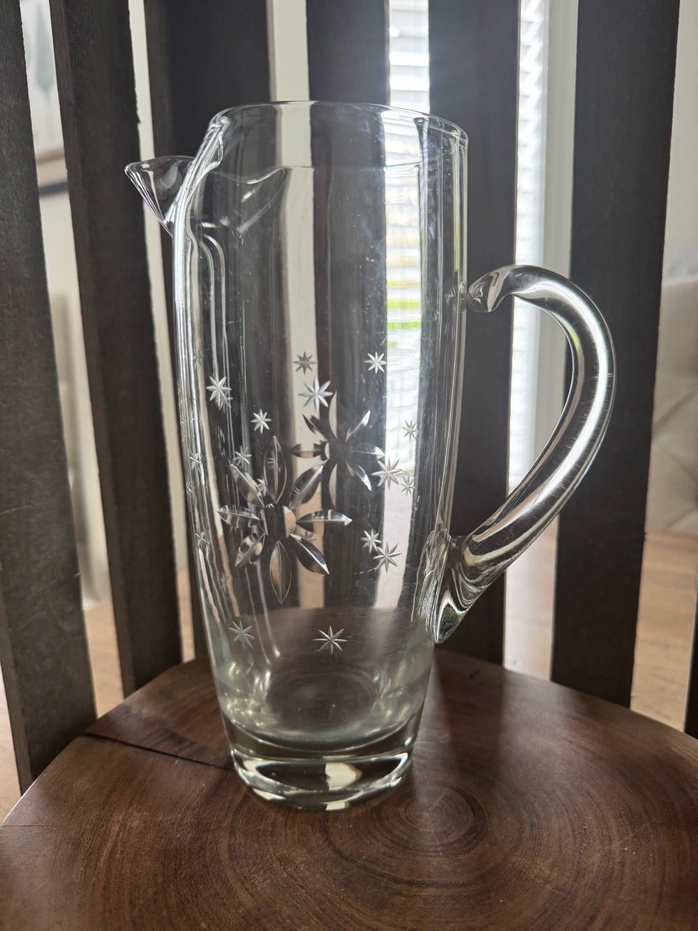 Vintage Mid-Century Etched Glass Pitcher with Starburst Design - Clear, 9”